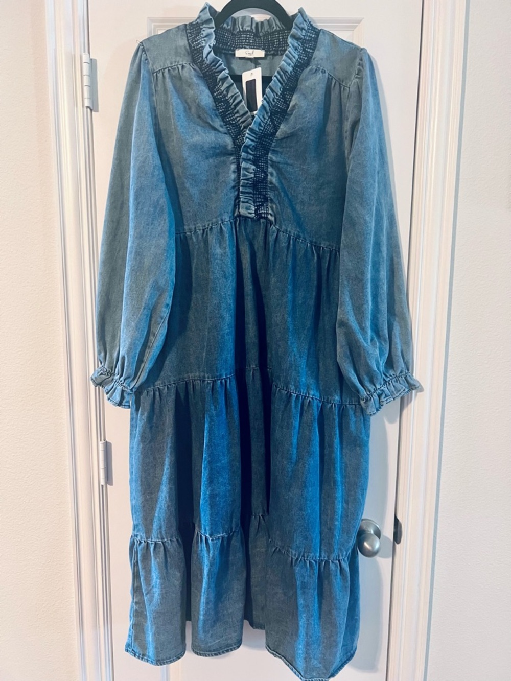 easel Blue Ruffled Denim Midi Dress